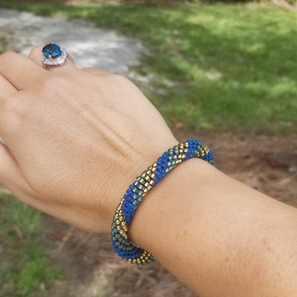 Blue/Green/Gold Beaded Crochet Bracelet